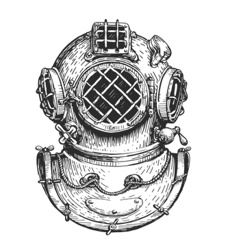 Vintage engraving of a classic brass diving helmet